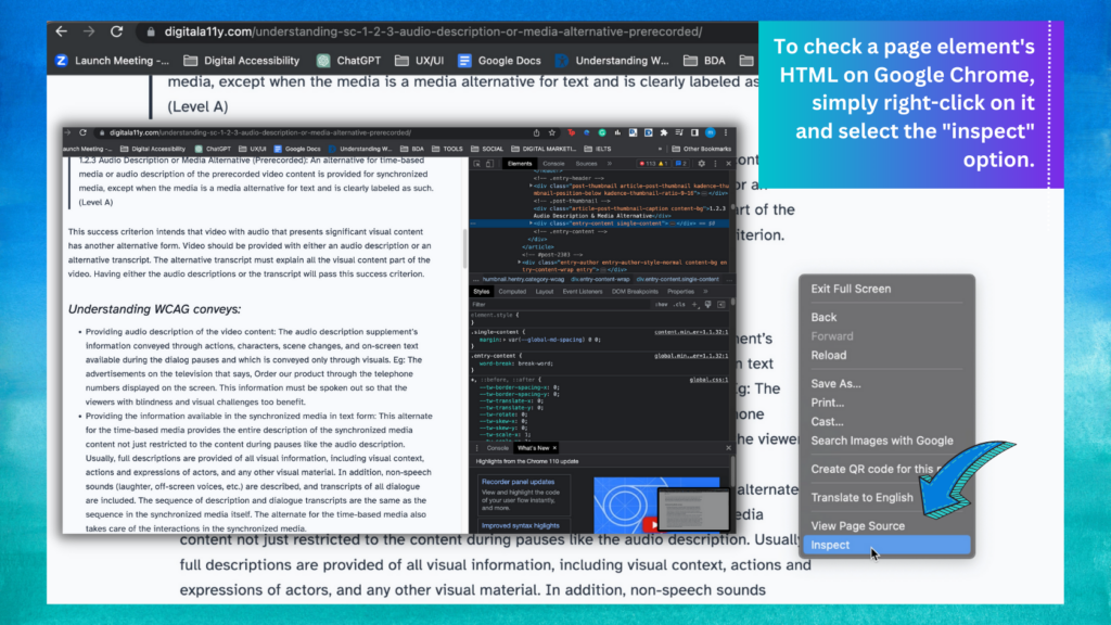 A screenshot of Inspecting a webpage's code with browser tools to identify accessibility issues.