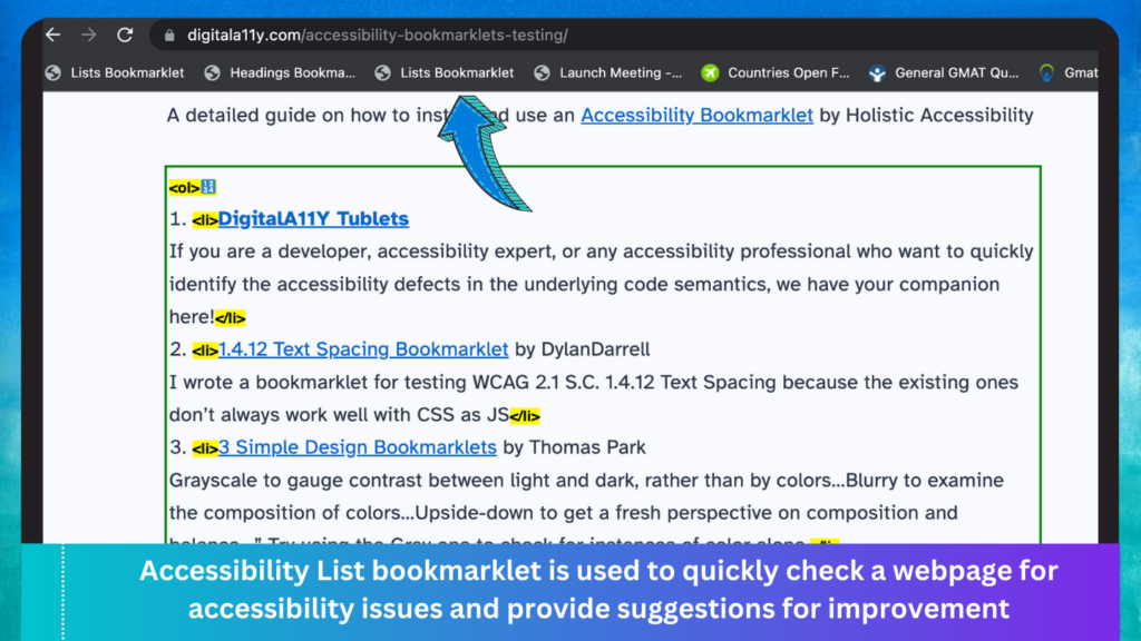 A screenshot showing a use case of an accessibility bookmarklet and its significance.