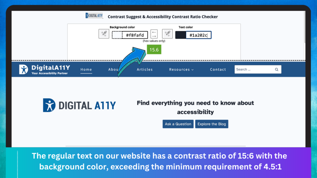 A screenshot showing Color Contrast Ratio on Our Website which exceeds the Minimum Requirements.